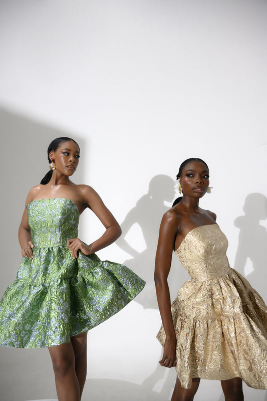 Silk floral damask A-line mini dress in luxury styling