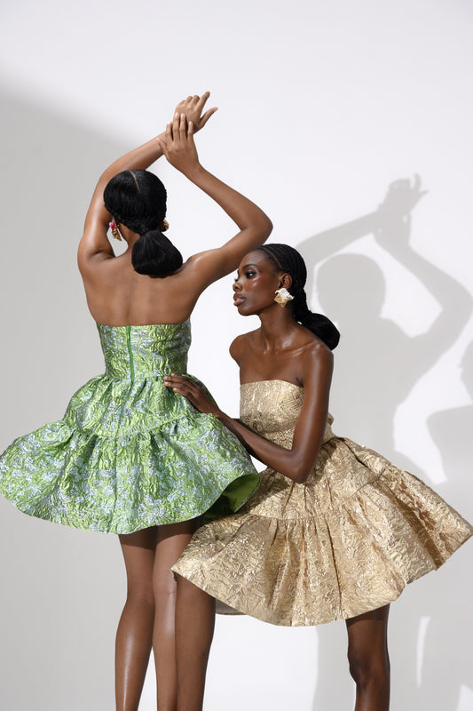 Silk floral damask A-line mini dress in luxury styling