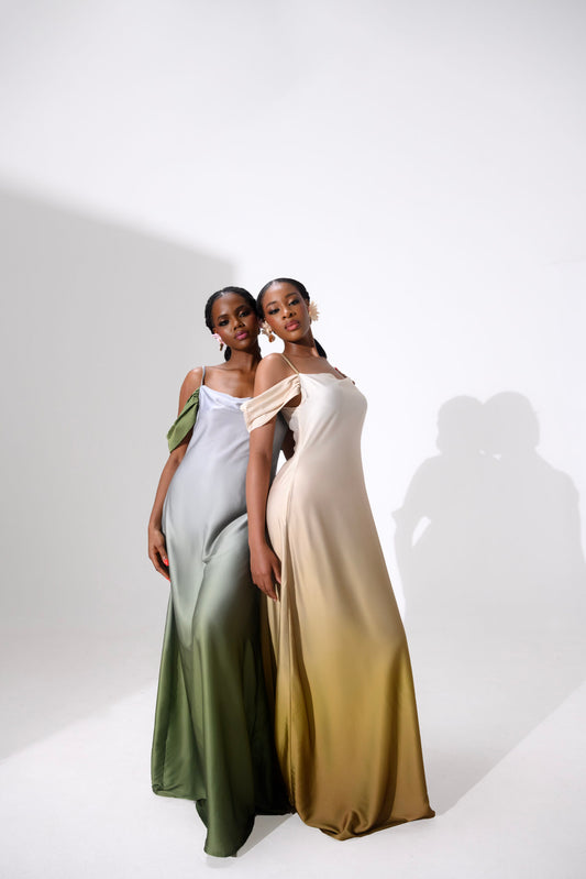 Off shoulder flowy silk gown with ombre floor length design