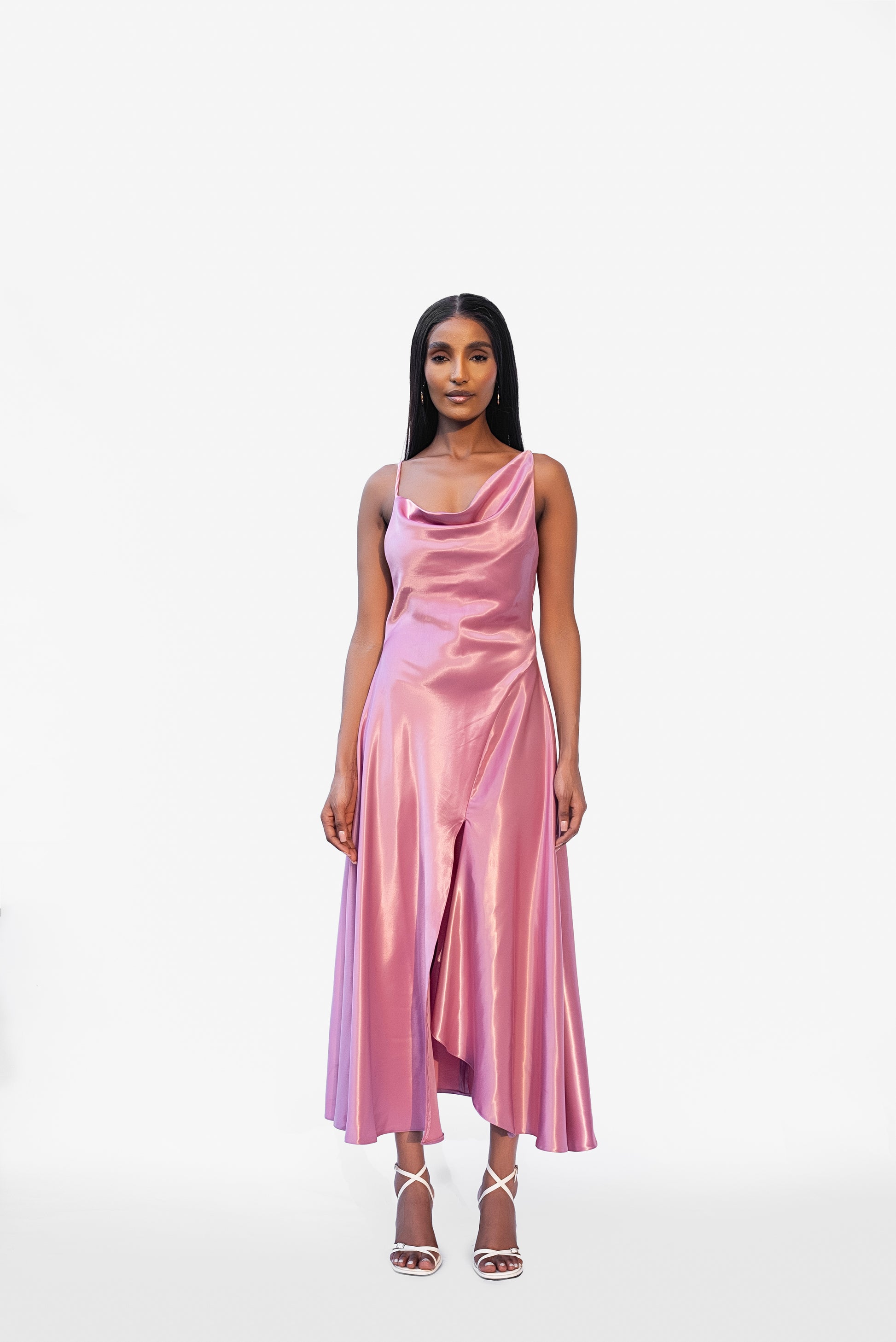 Blush satin maxi dress silk gown with flowy formal fit