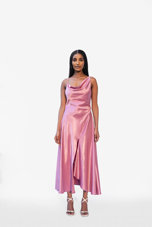 Blush satin maxi dress silk gown with flowy formal fit
