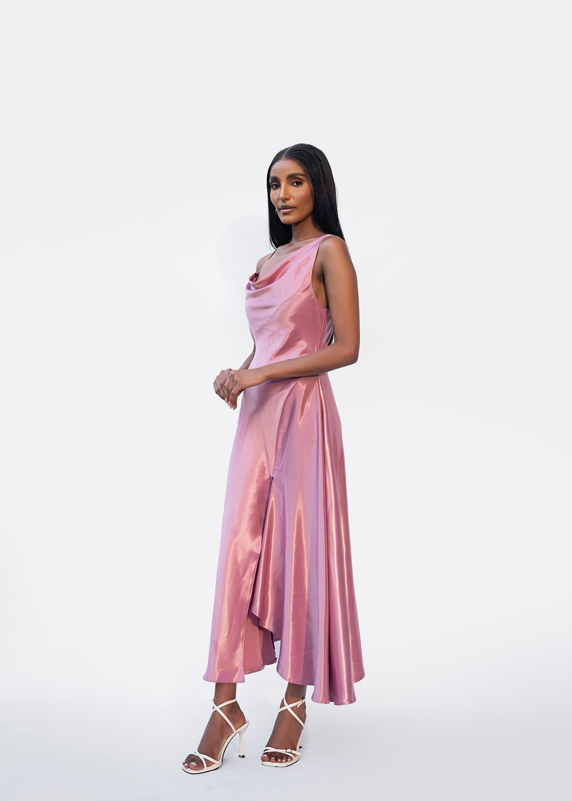 Blush satin maxi dress silk gown with flowy formal fit