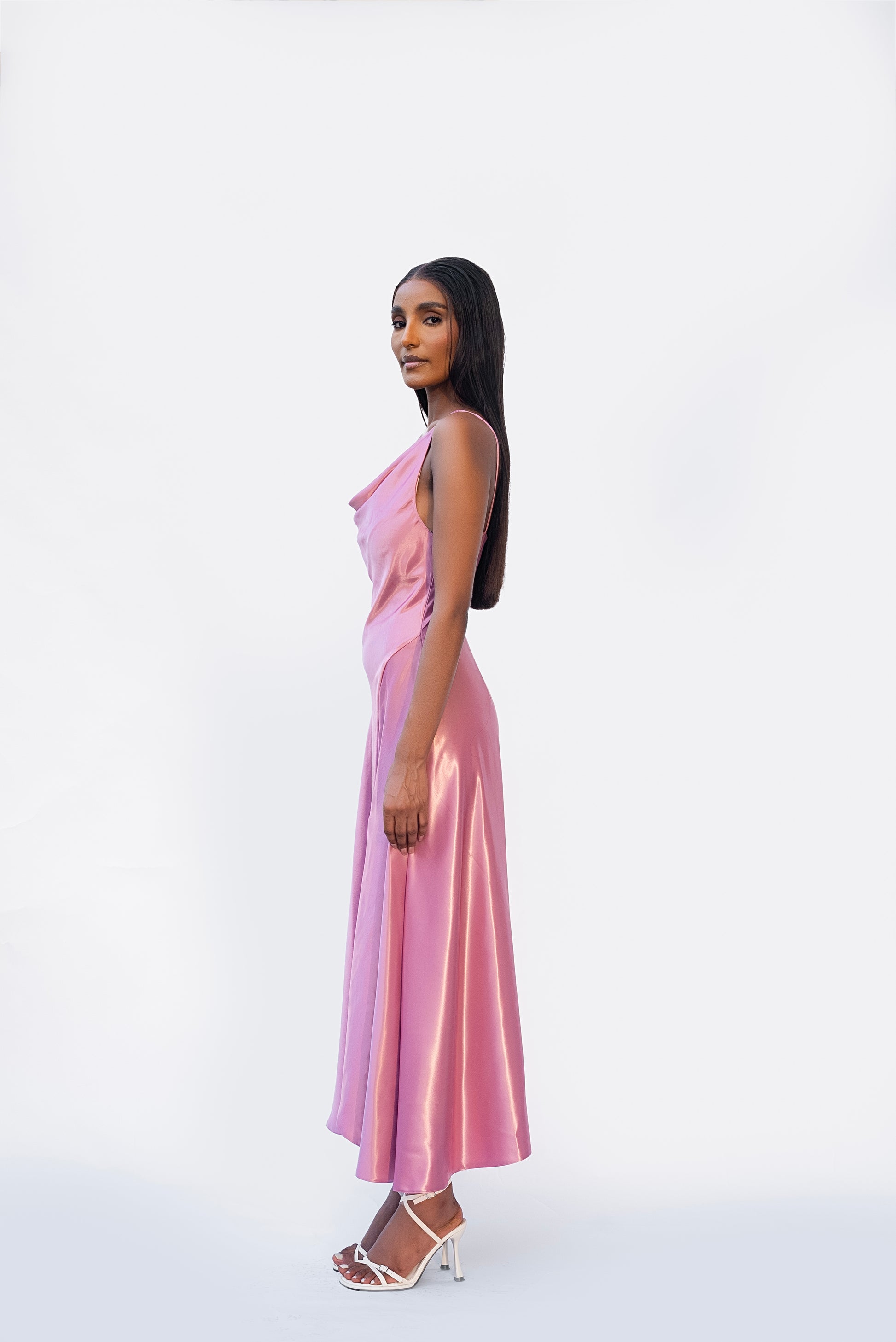 Blush satin maxi dress silk gown with flowy formal fit