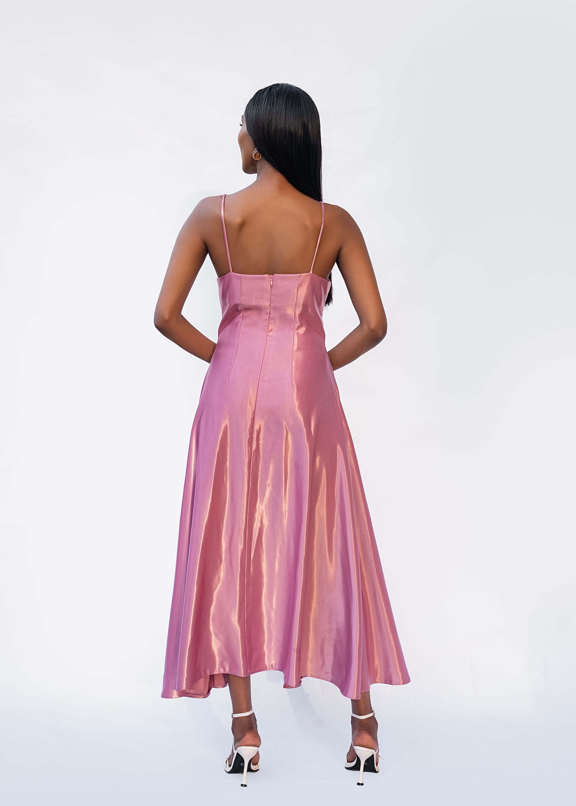 Blush satin maxi dress silk gown with flowy formal fit