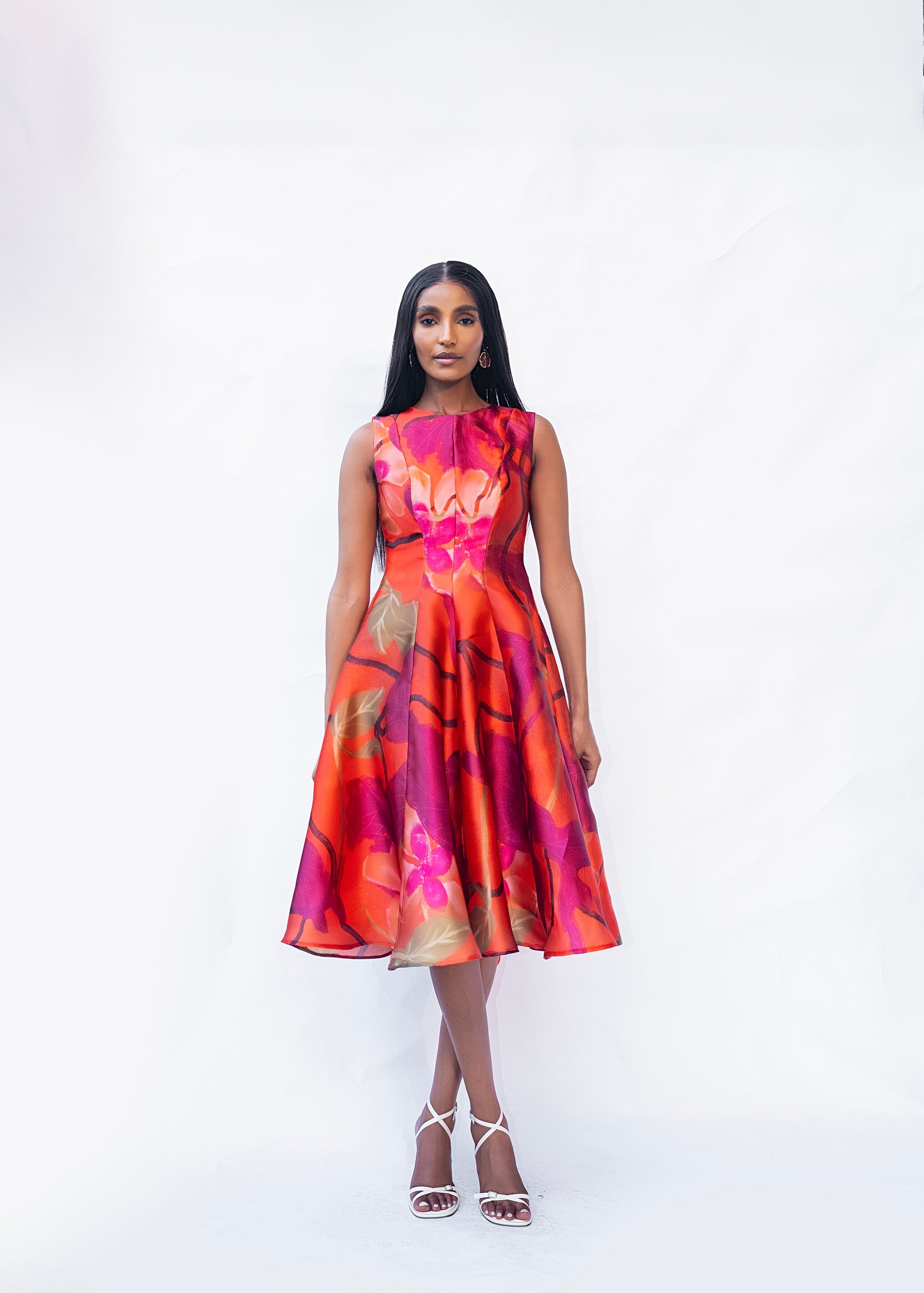 Orange midi flowy dress with back zip and fully lined finish
