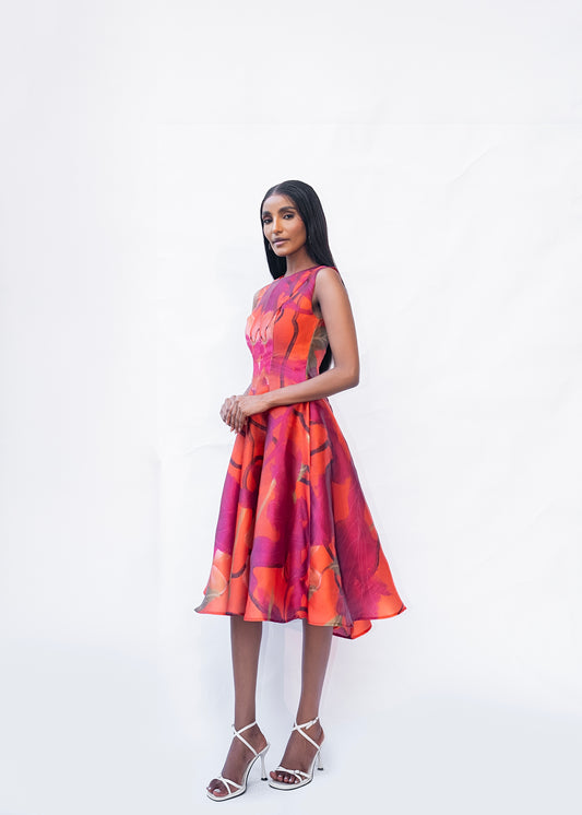 Orange midi flowy dress with back zip and fully lined finish