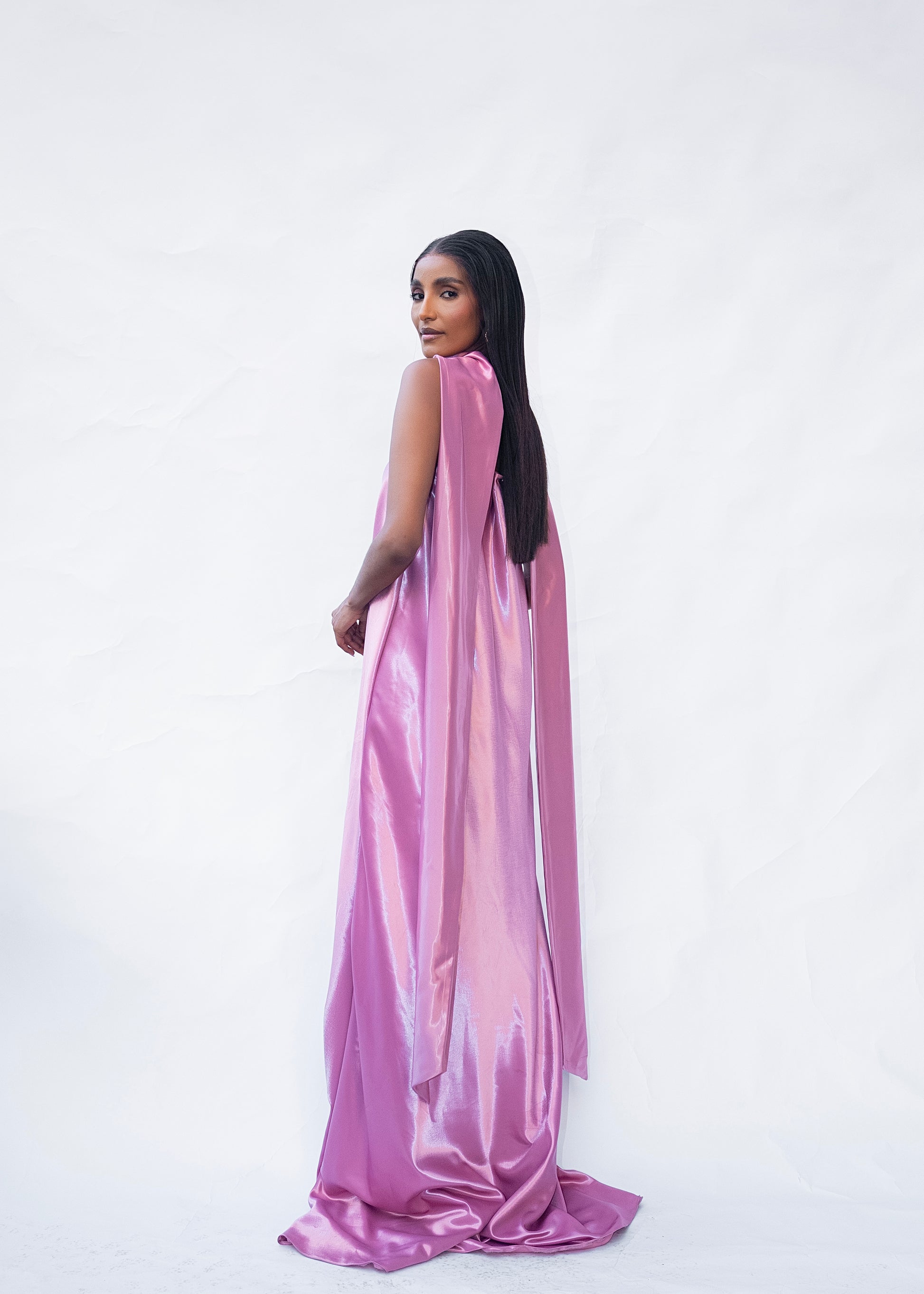 Blush satin flowy dress with silk gown style for weddings