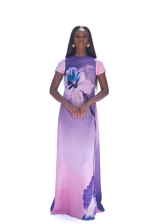 Satin maxi dress in pink and purple floral flowy one size style