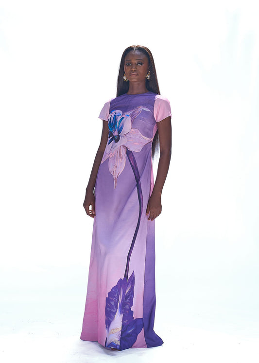 Satin maxi dress in pink and purple floral flowy one size style