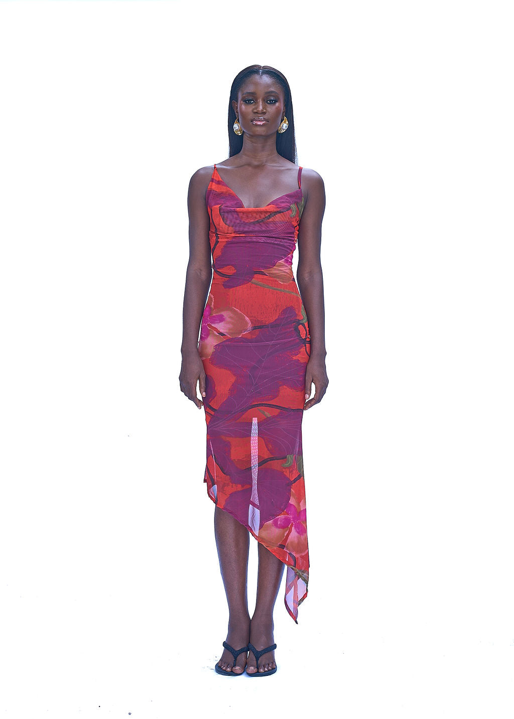 Bodycon mesh gown with draped neckline and asymmetric hem