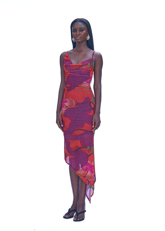 Bodycon mesh gown with draped neckline and asymmetric hem