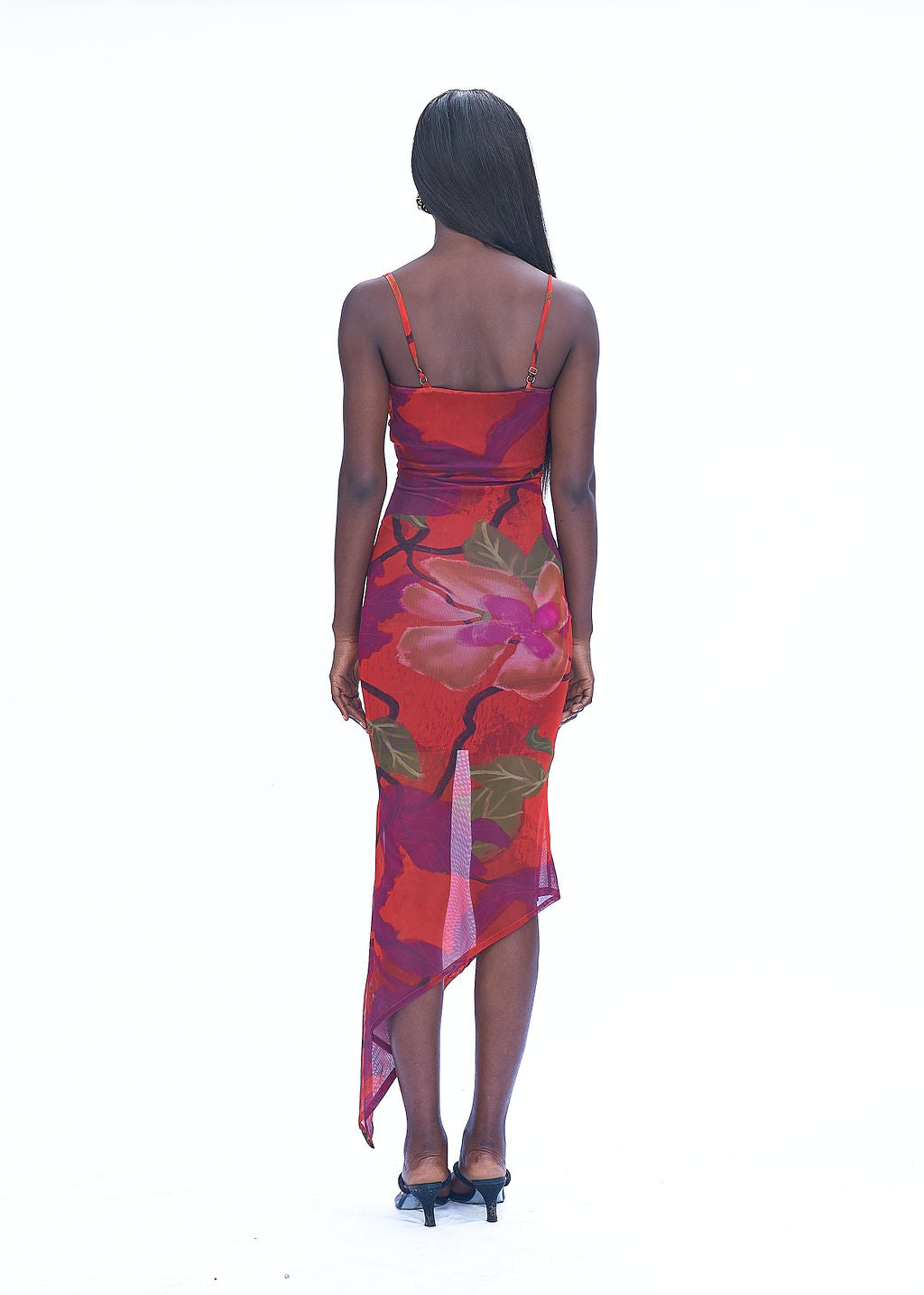 Bodycon mesh gown with draped neckline and asymmetric hem