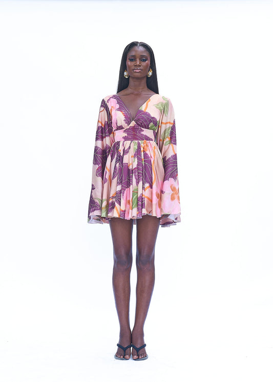 Beige Cala mini organdy flowy dress with back zip fit