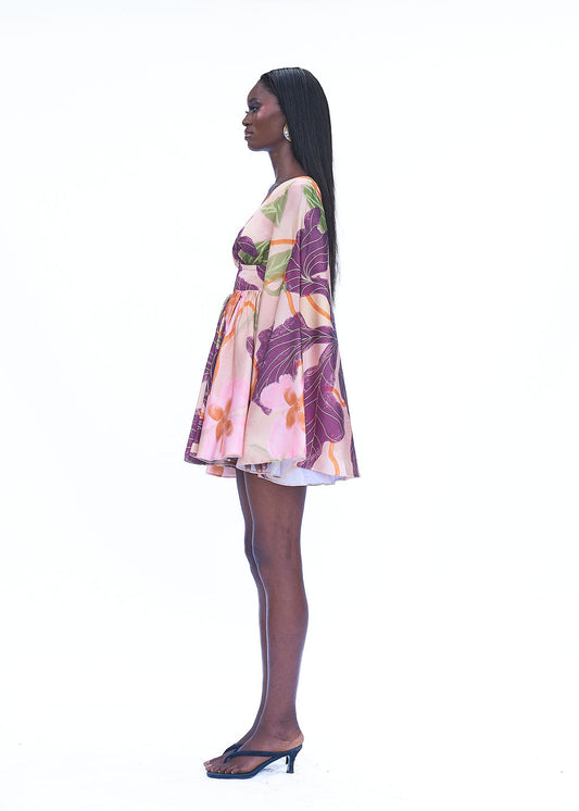 Beige Cala mini organdy flowy dress with back zip fit