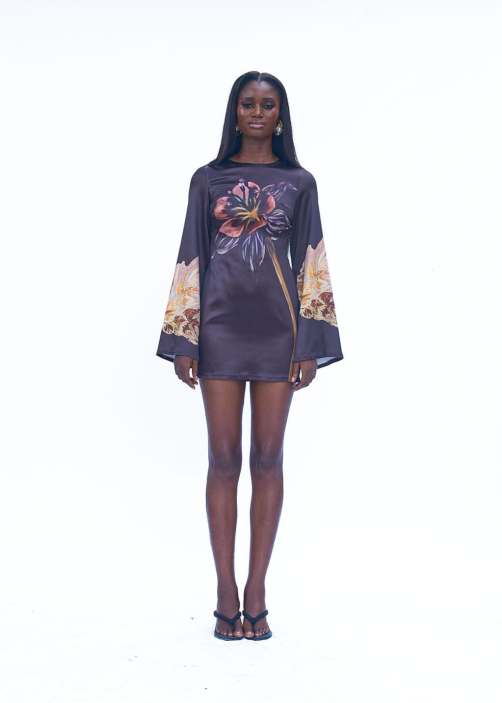 Mini flowy organdy dress with bold sleeves in brown shade