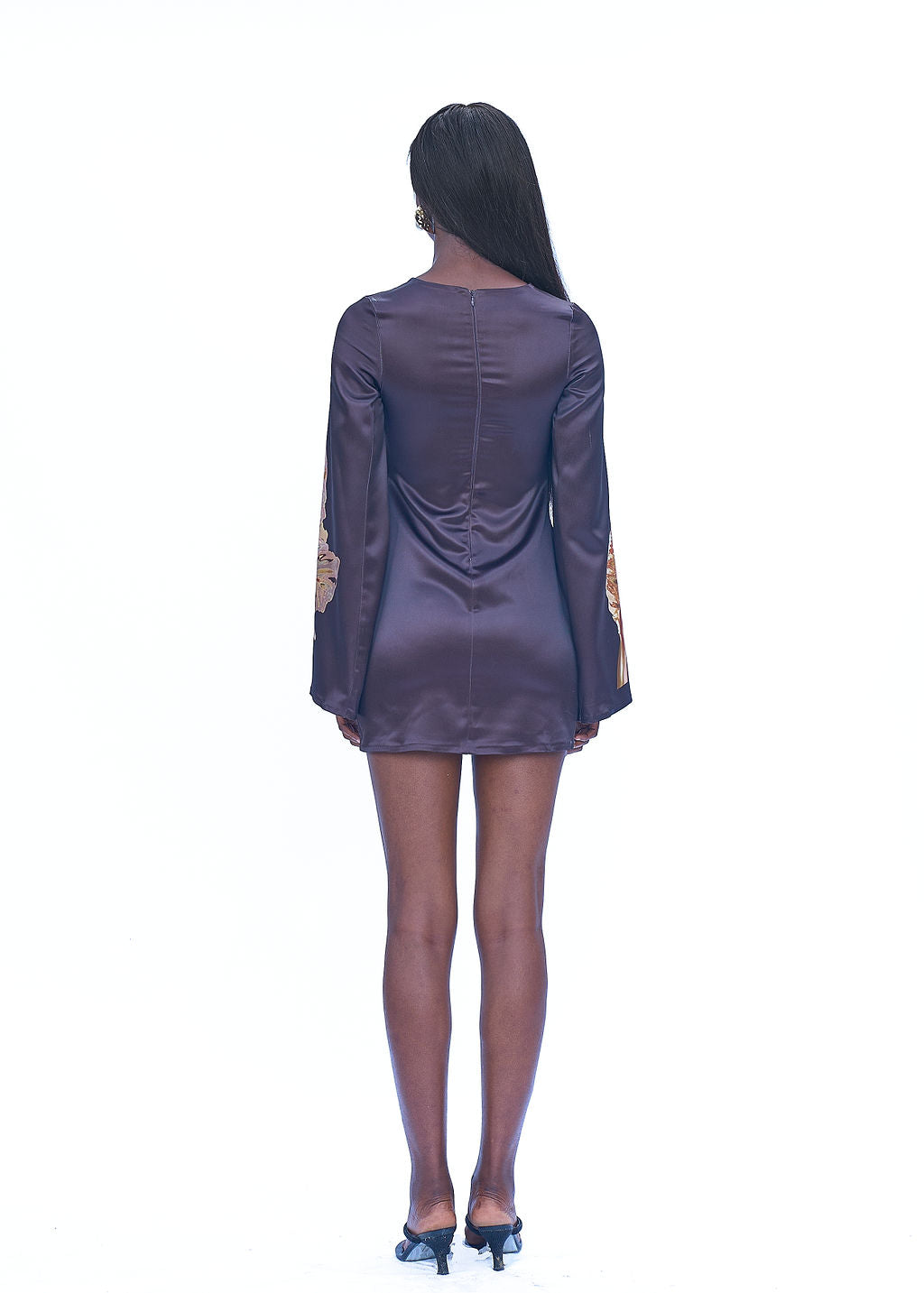 Mini flowy organdy dress with bold sleeves in brown shade