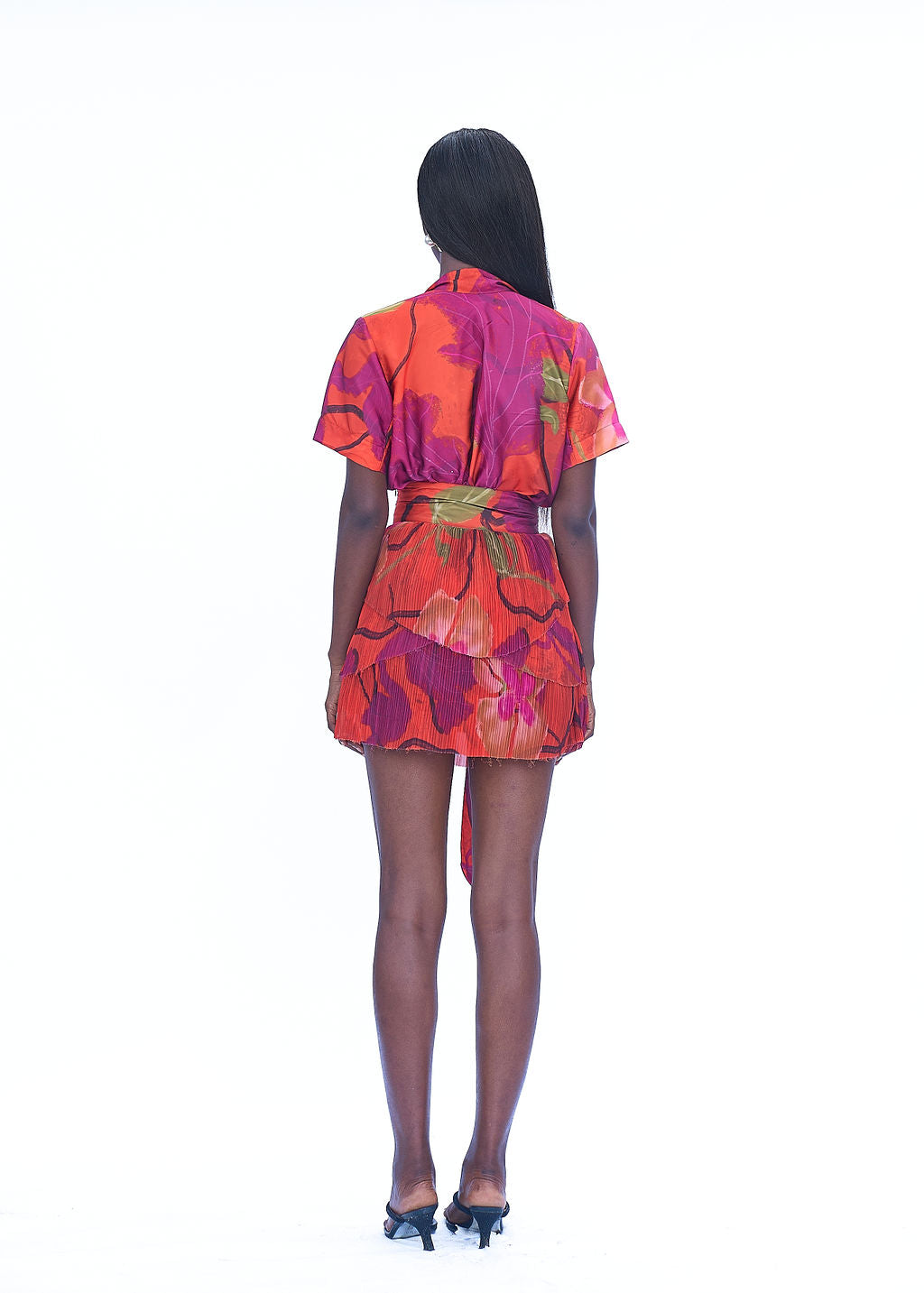 Sheer pleated chiffon skirt for co ord set in Orange Cala