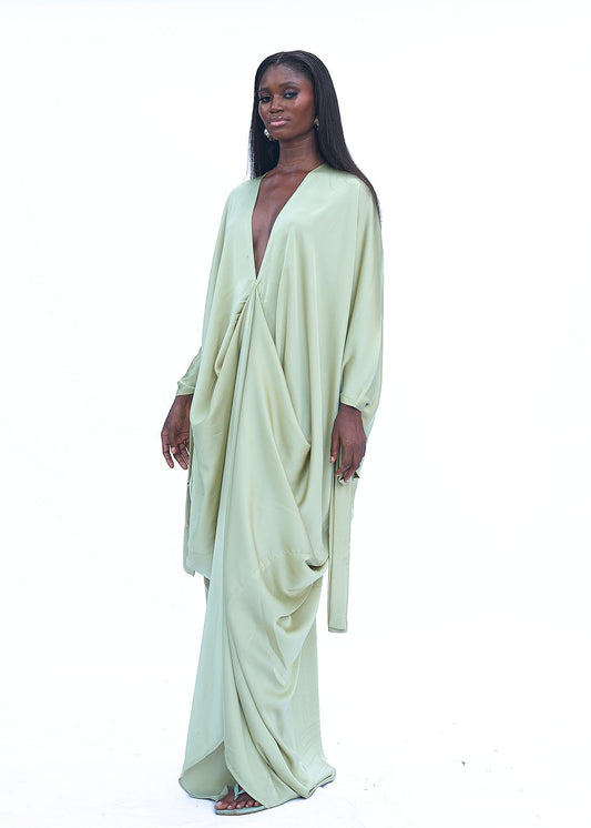 One size satin maxi dress with flowy drape and silk finish