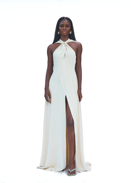 Cream halter evening gown with high slit and long train