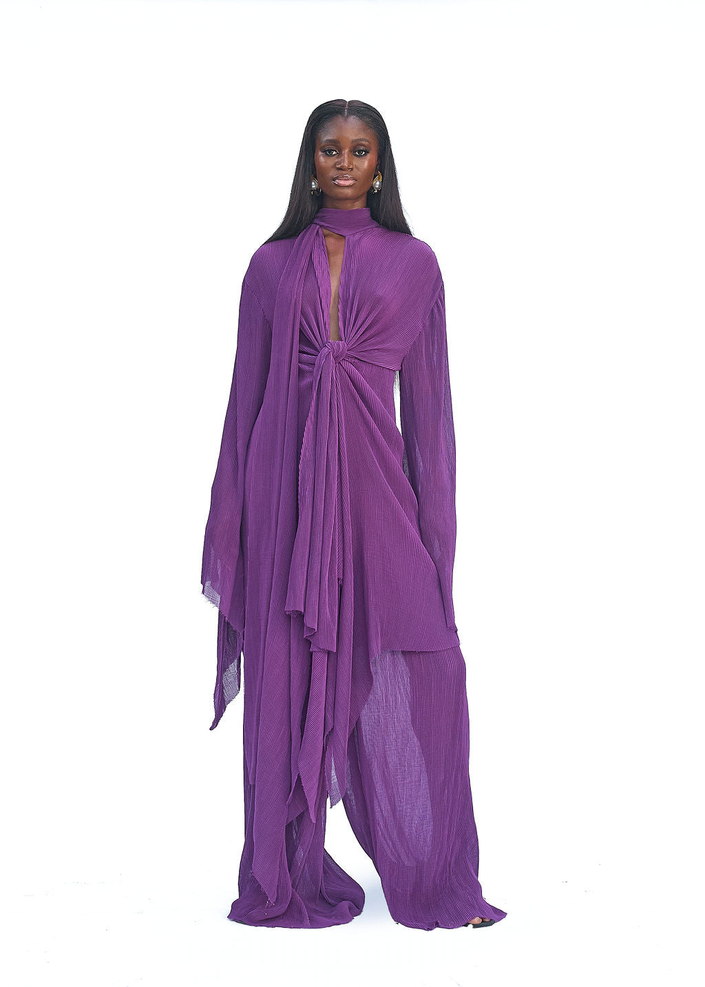 Plum wide leg chiffon pleated pants with sharp detailing