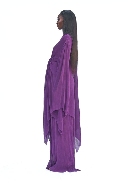 Pleated chiffon one size kimono dress in plum shade