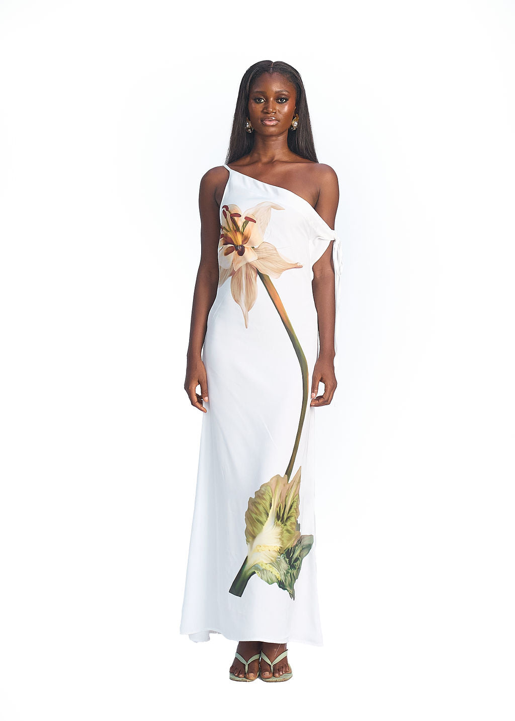 Off shoulder formal white floor length back zip dress