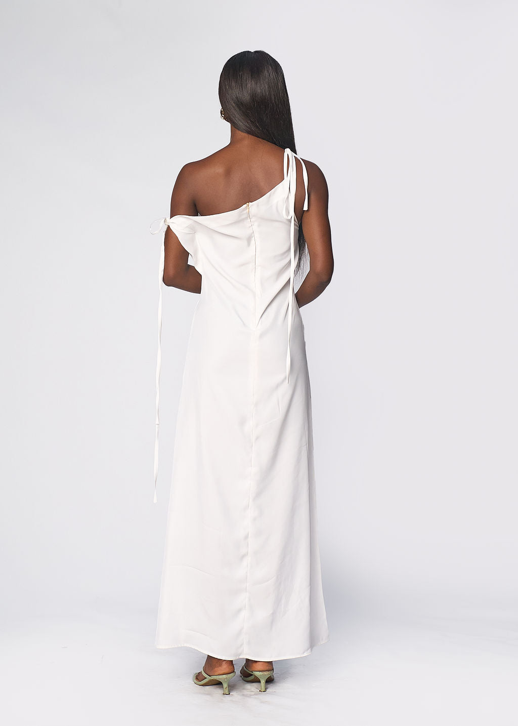 Off shoulder formal white floor length back zip dress