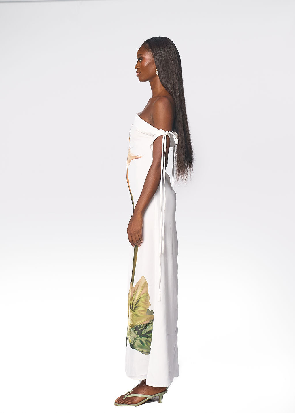 Off shoulder formal white floor length back zip dress