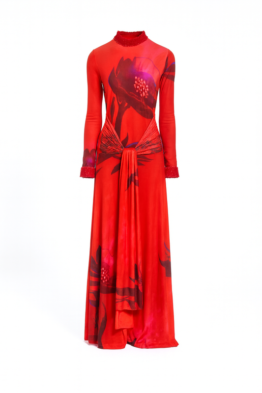 BEADED MESH DRESS- RED ALORA