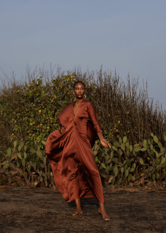 One size satin maxi dress with flowy drape and silk finish