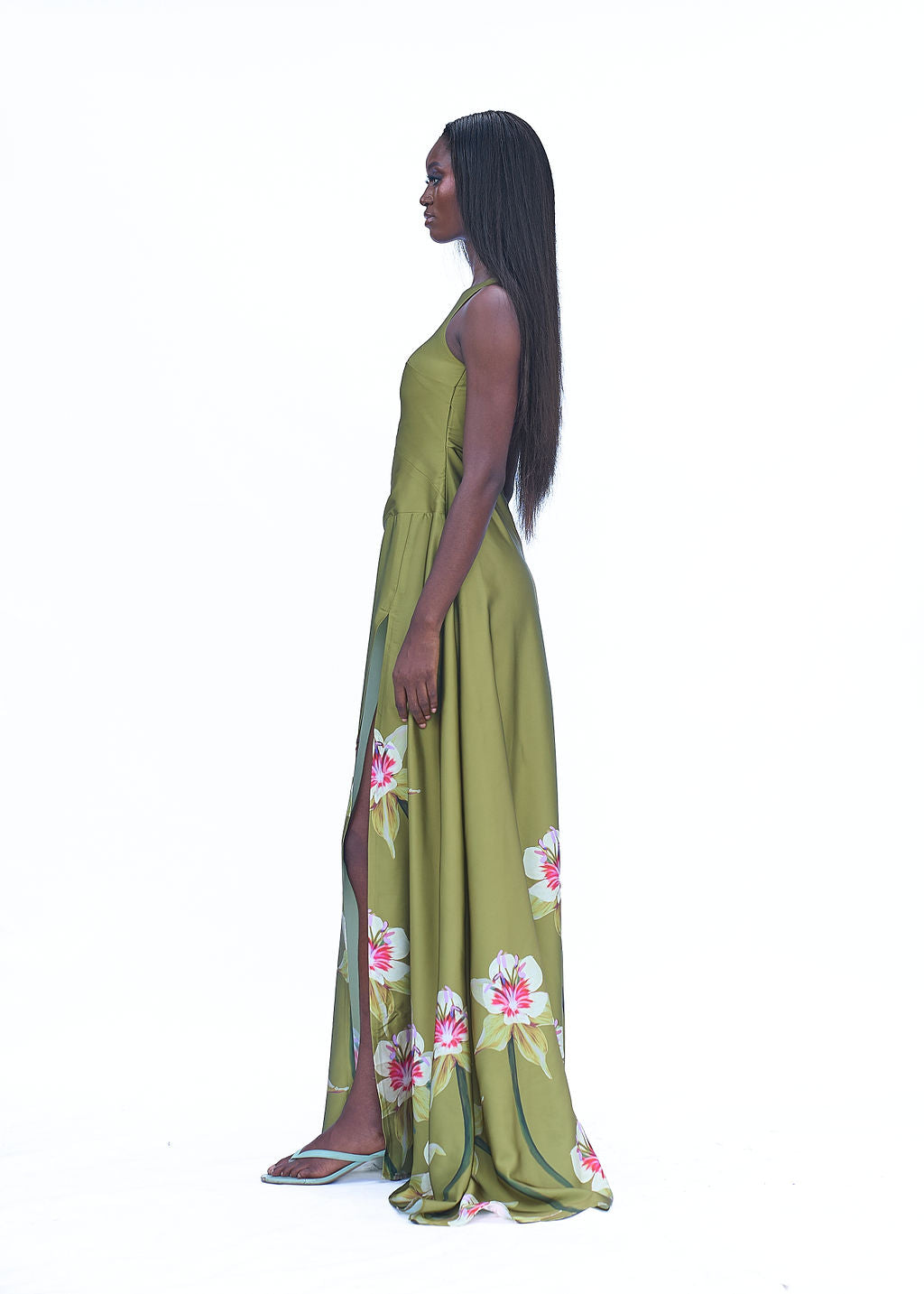 Flowy high slit organdy dress with asymmetric neckline