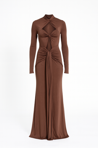 brown silk high neck dress Cara | Brown Matte Satin High-Neck Maxi Dress